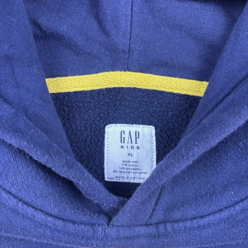 Gap Kids Fleece Hoodie Navy Blue Yellow Arch Spellout Logo Pullover Youth Sz XL